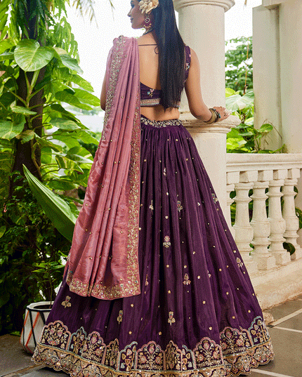 Burgundy Tissue Embroidered Designer Lehenga Choli