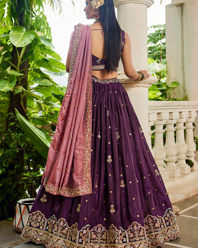 Burgundy Tissue Embroidered Designer Lehenga Choli