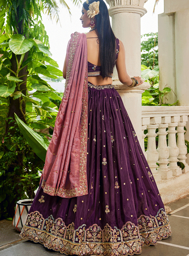 Burgundy Tissue Embroidered Designer Lehenga Choli