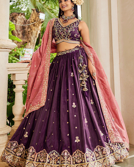 Burgundy Tissue Embroidered Designer Lehenga Choli