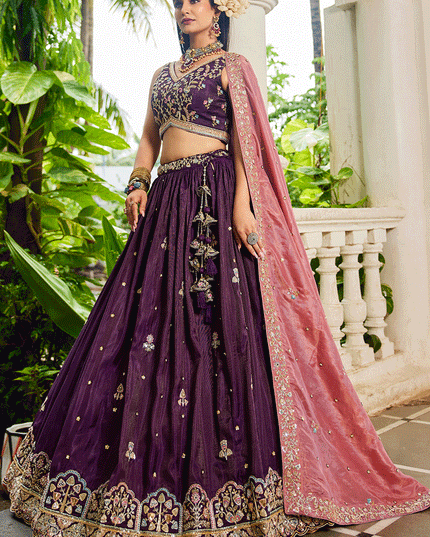 Burgundy Tissue Embroidered Designer Lehenga Choli