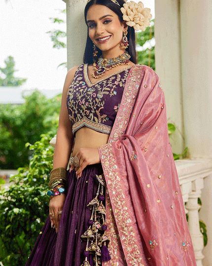 Burgundy Tissue Embroidered Designer Lehenga Choli