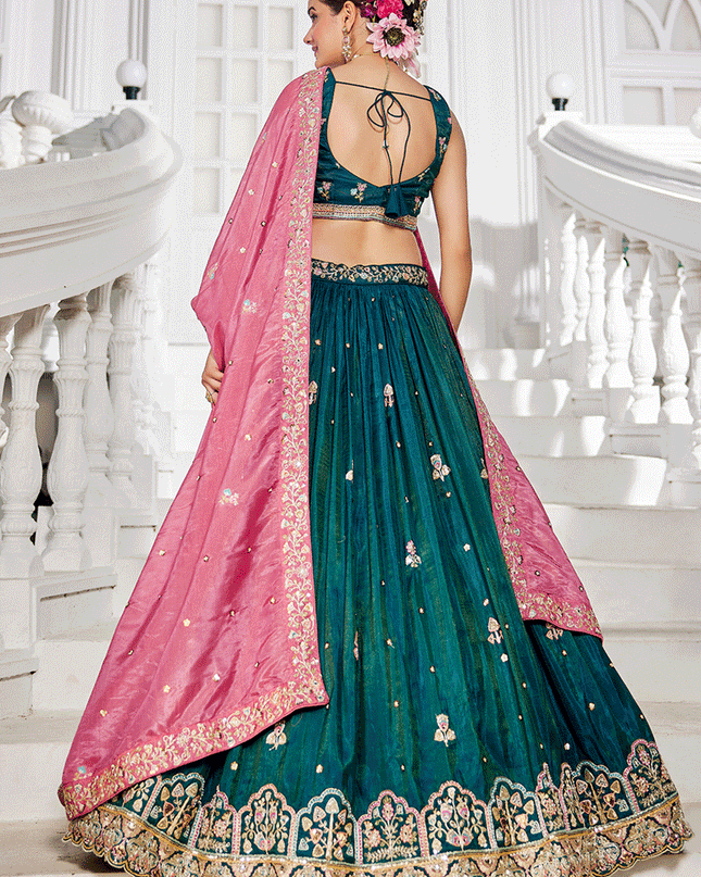 Rama Green Tissue Embroidered Designer Lehenga Choli