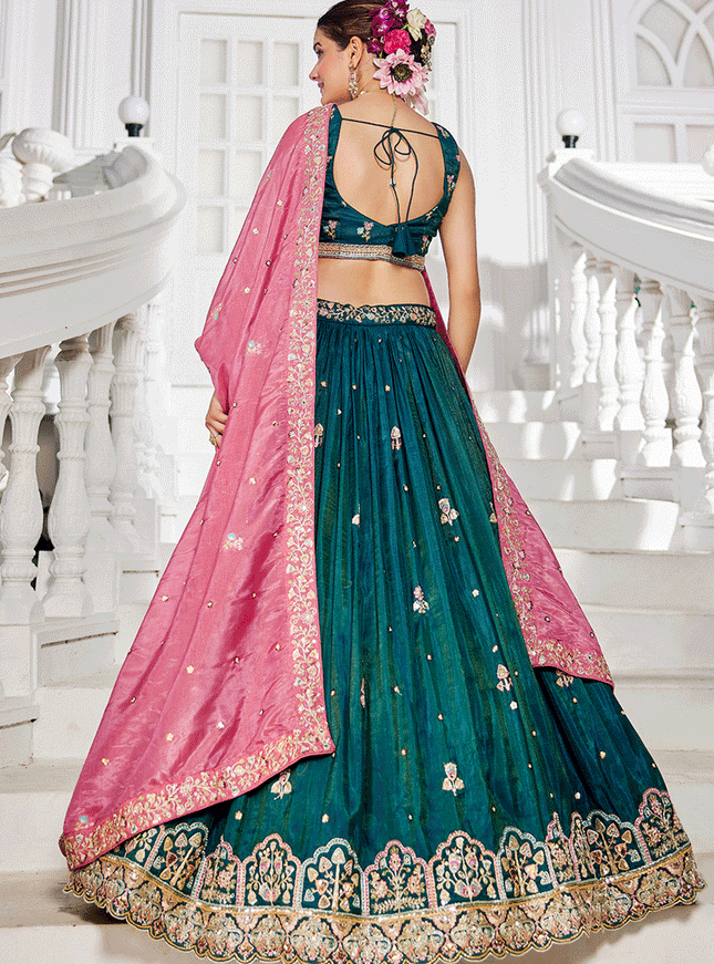 Rama Green Tissue Embroidered Designer Lehenga Choli