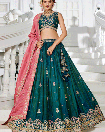 Rama Green Tissue Embroidered Designer Lehenga Choli