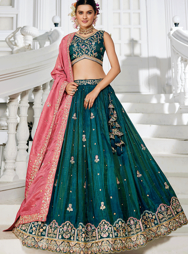 Rama Green Tissue Embroidered Designer Lehenga Choli