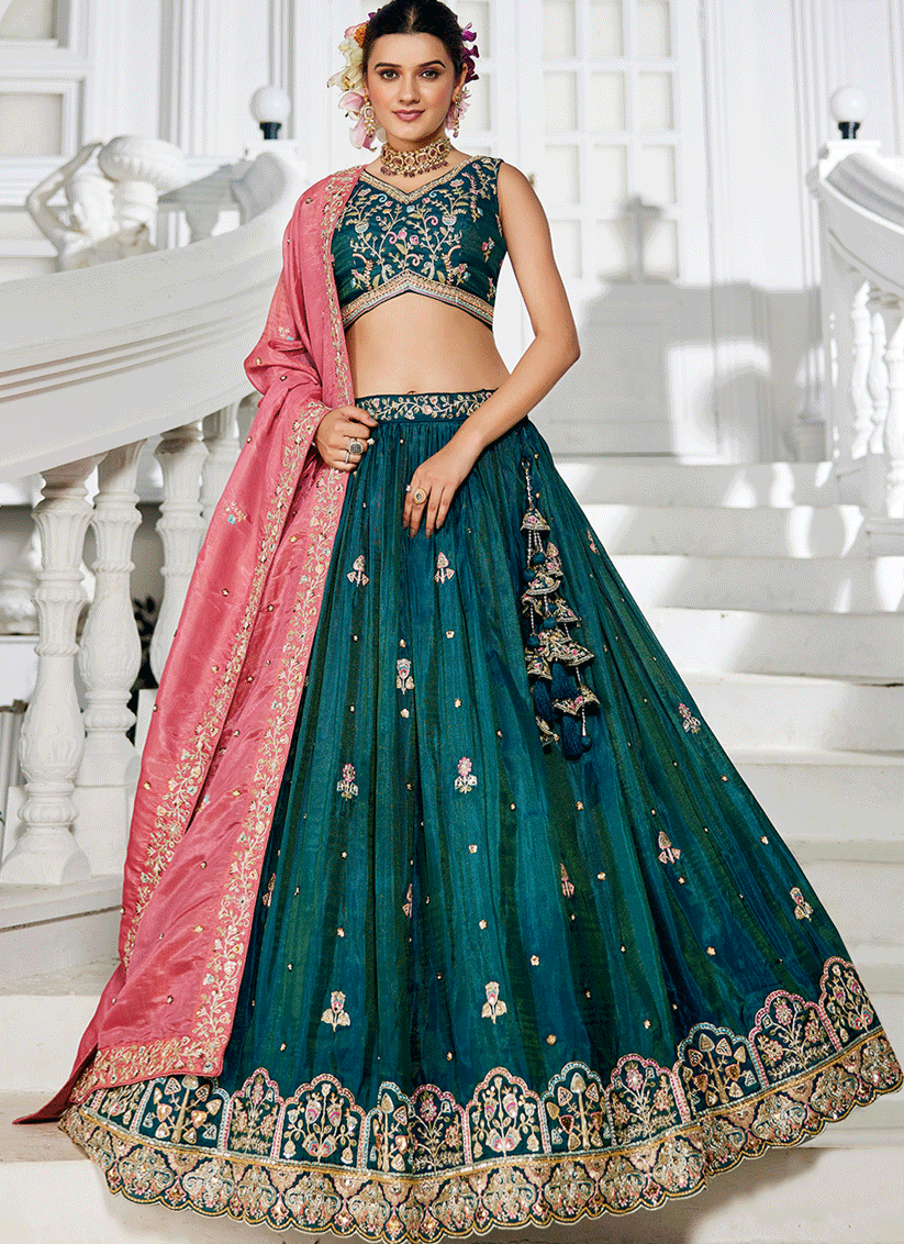 Rama Green Tissue Embroidered Designer Lehenga Choli