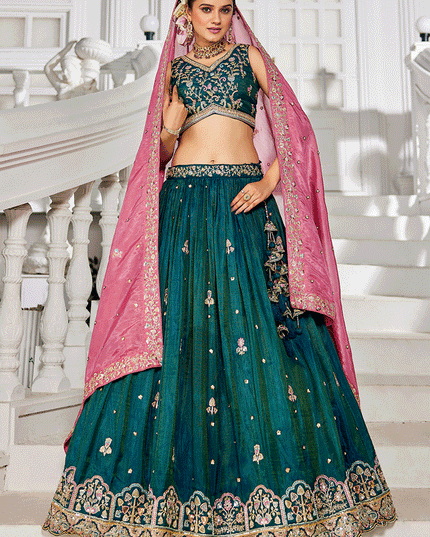 Rama Green Tissue Embroidered Designer Lehenga Choli