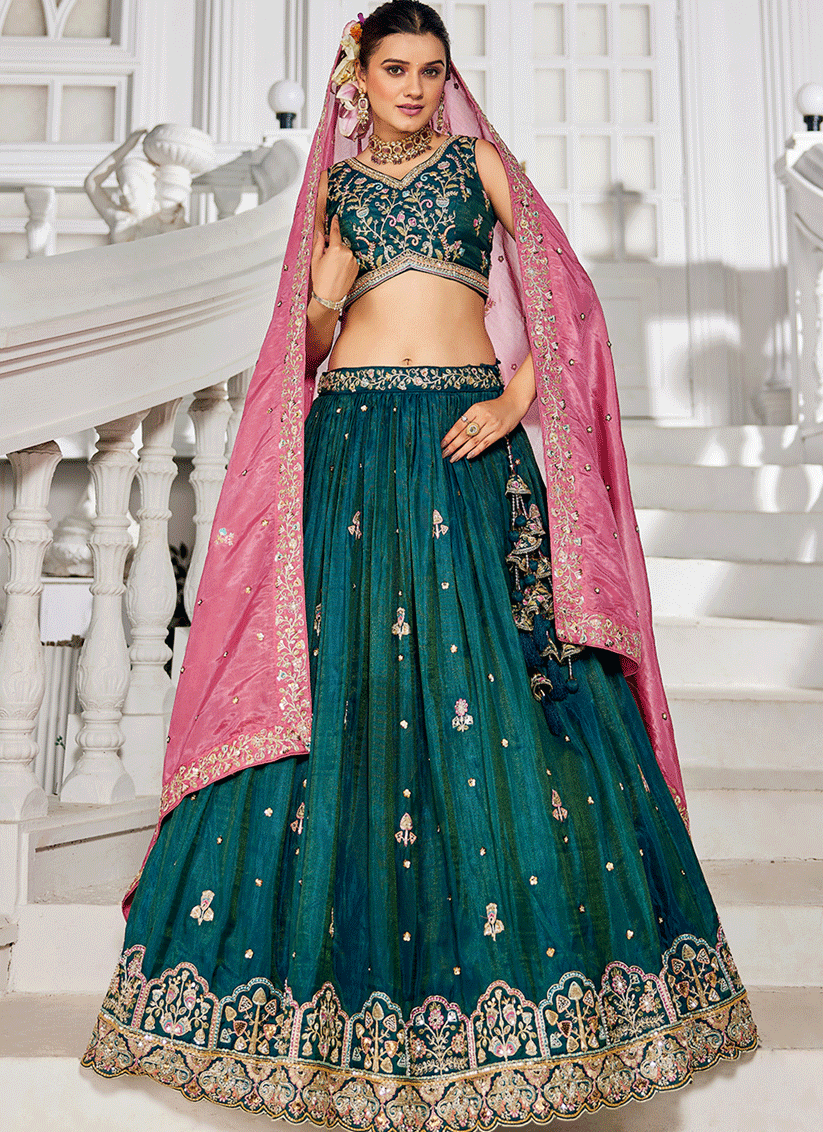 Rama Green Tissue Embroidered Designer Lehenga Choli