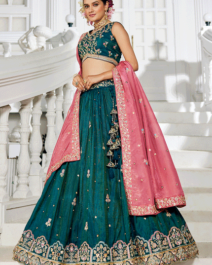 Rama Green Tissue Embroidered Designer Lehenga Choli