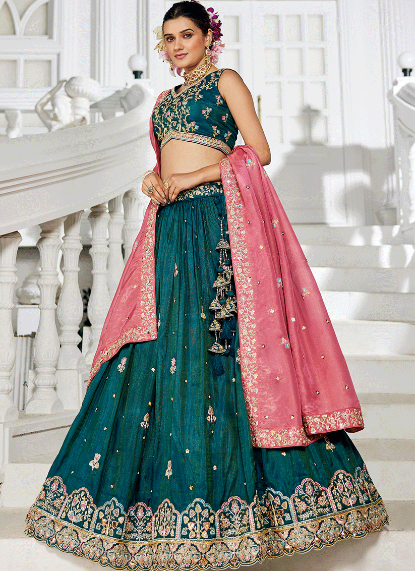 Rama Green Tissue Embroidered Designer Lehenga Choli