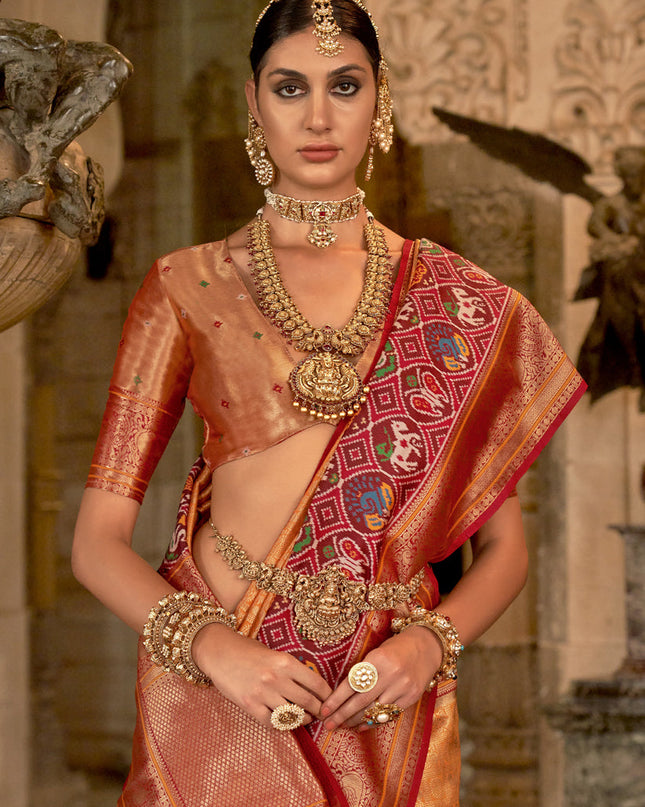 Orange Banarasi Brocade Zari Woven Saree