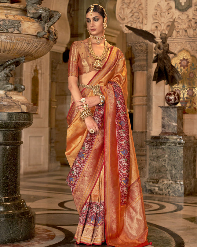 Orange Banarasi Brocade Zari Woven Saree