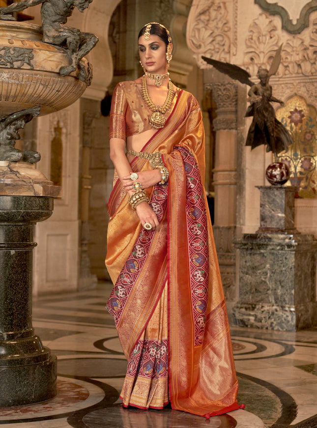 Orange Banarasi Brocade Zari Woven Saree