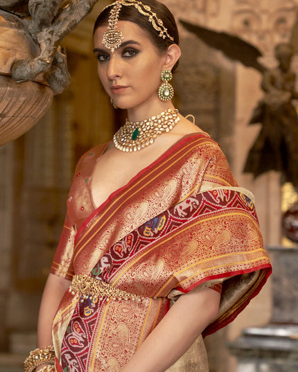 Cream Banarasi Brocade Zari Woven Saree