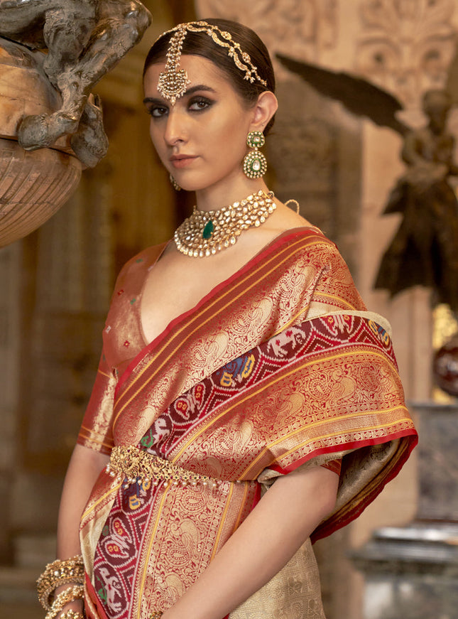 Cream Banarasi Brocade Zari Woven Saree