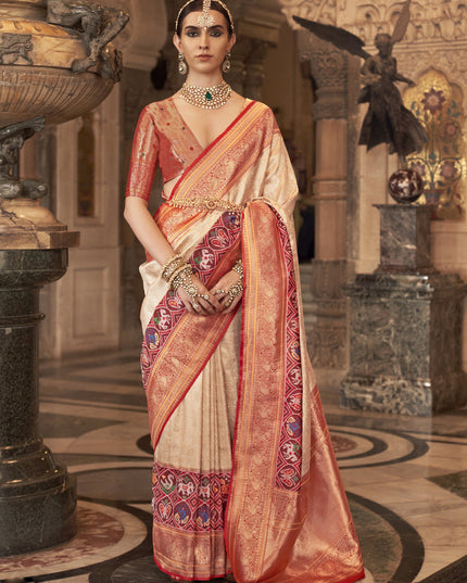 Cream Banarasi Brocade Zari Woven Saree