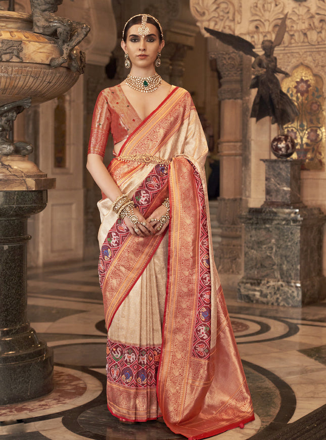 Cream Banarasi Brocade Zari Woven Saree