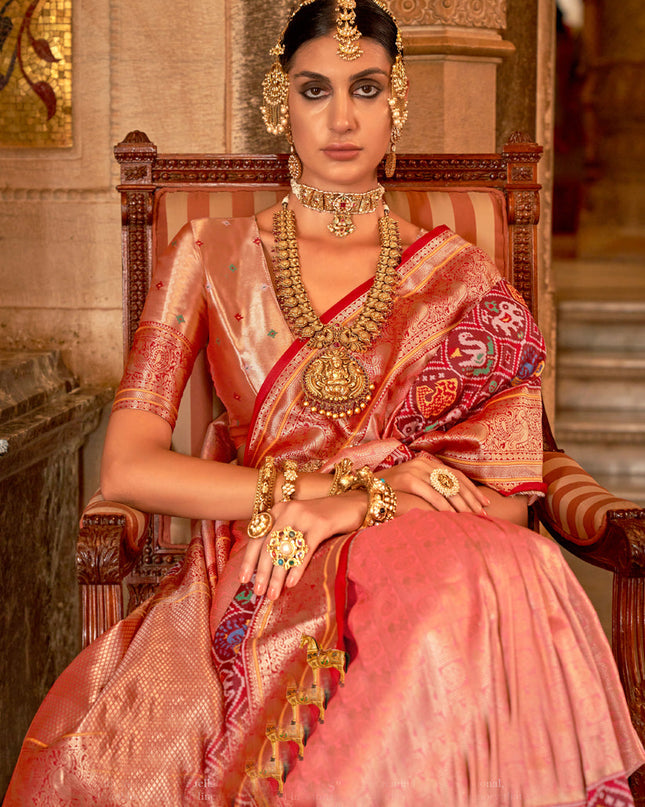 Peach Banarasi Brocade Zari Woven Saree