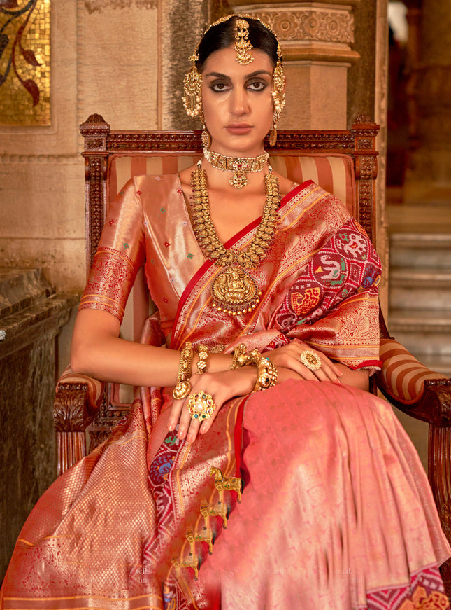 Peach Banarasi Brocade Zari Woven Saree