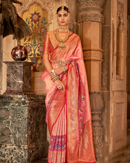 Peach Banarasi Brocade Zari Woven Saree