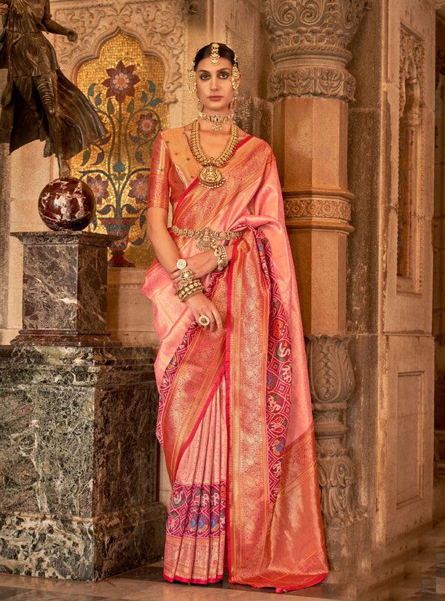 Peach Banarasi Brocade Zari Woven Saree