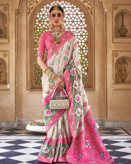 Pearl White Silk Banarasi Brocade Woven Wedding Saree