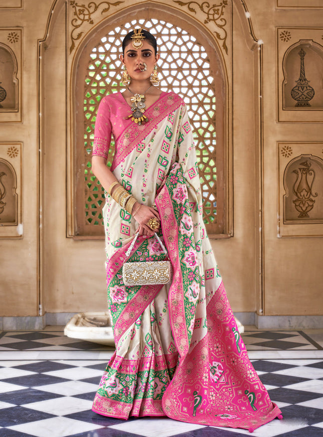 Pearl White Silk Banarasi Brocade Woven Wedding Saree