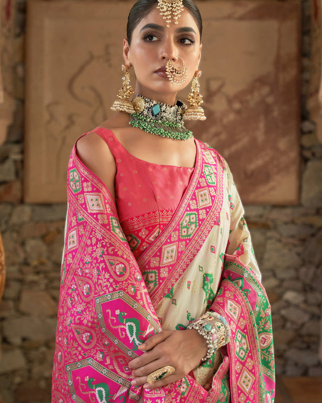 Pearl White Silk Banarasi Brocade Woven Wedding Saree