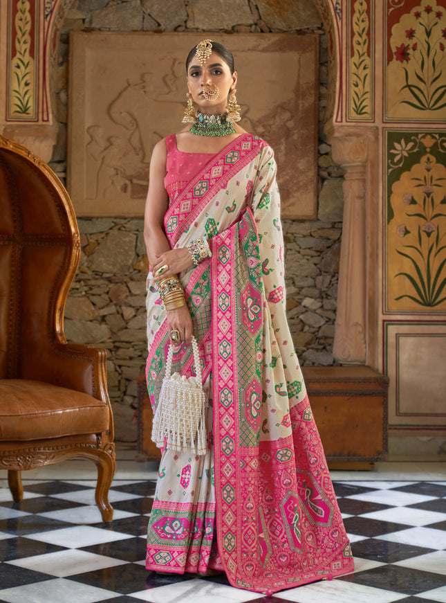 Pearl White Silk Banarasi Brocade Woven Wedding Saree