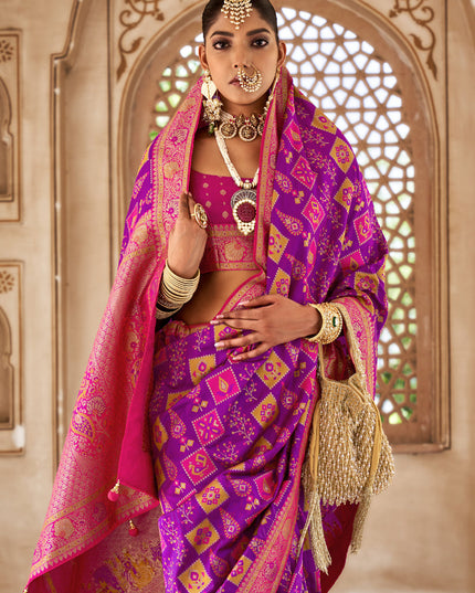 Magenta Silk Banarasi Brocade Woven Wedding Saree