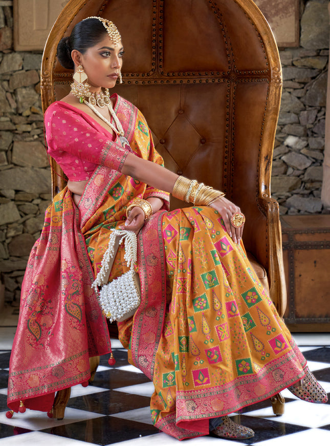 Golden Yellow Silk Banarasi Brocade Woven Wedding Saree