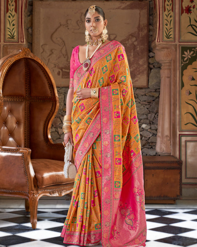 Golden Yellow Silk Banarasi Brocade Woven Wedding Saree