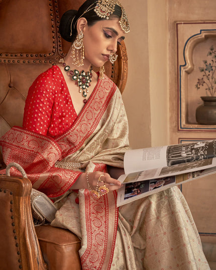Beige Silk Banarasi Brocade Zari Woven Saree