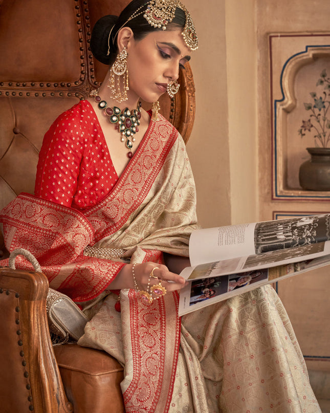 Beige Silk Banarasi Brocade Zari Woven Saree