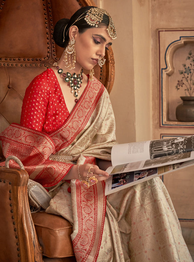 Beige Silk Banarasi Brocade Zari Woven Saree