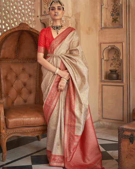 Beige Silk Banarasi Brocade Zari Woven Saree