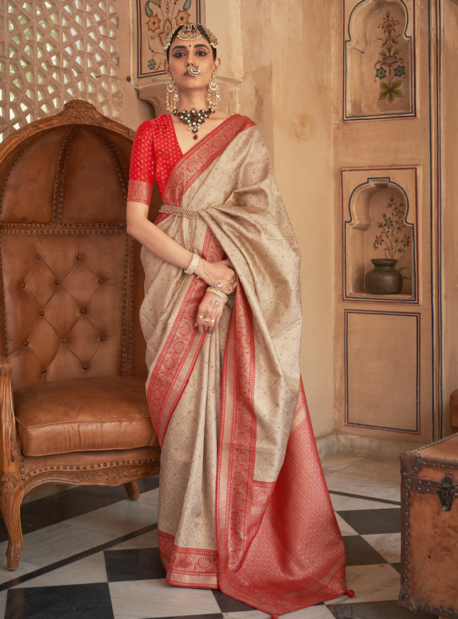 Beige Silk Banarasi Brocade Zari Woven Saree