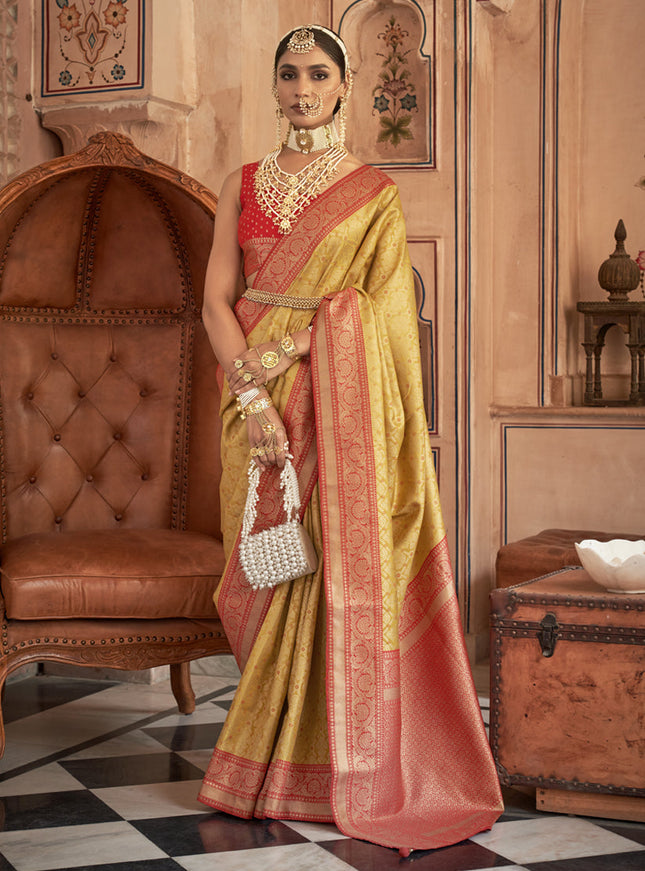 Yellow Silk Banarasi Brocade Zari Woven Saree