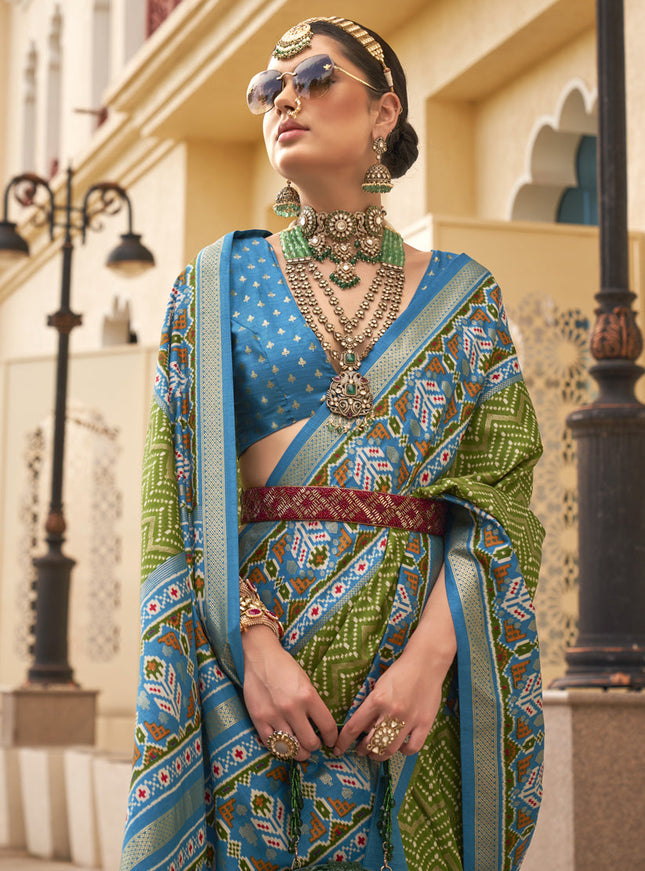 Olive Green Silk Digital Printed Saree