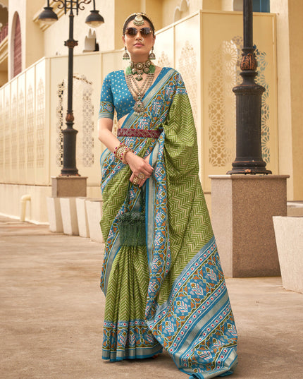 Olive Green Silk Digital Printed Saree