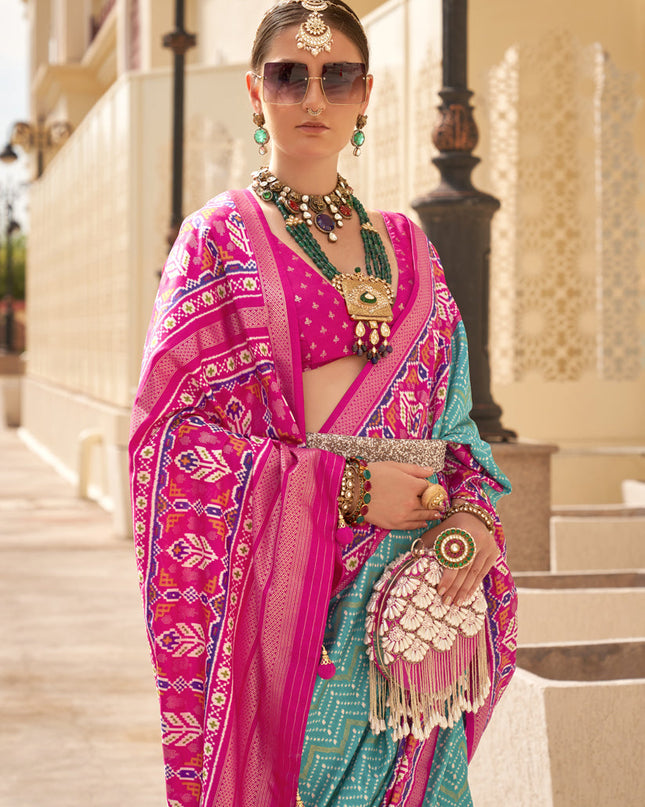 Turquoise Silk Digital Printed Saree