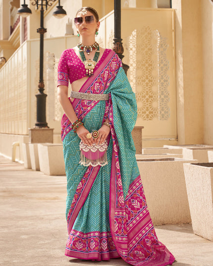 Turquoise Silk Digital Printed Saree