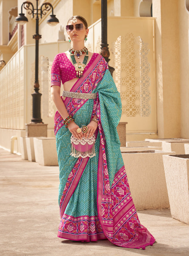 Turquoise Silk Digital Printed Saree