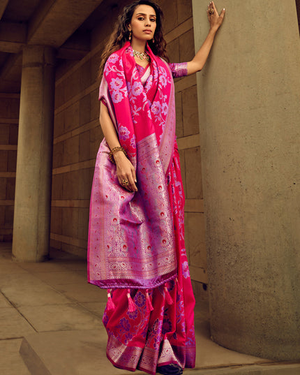 Hot Pink Satin Brasso Zari Woven Saree