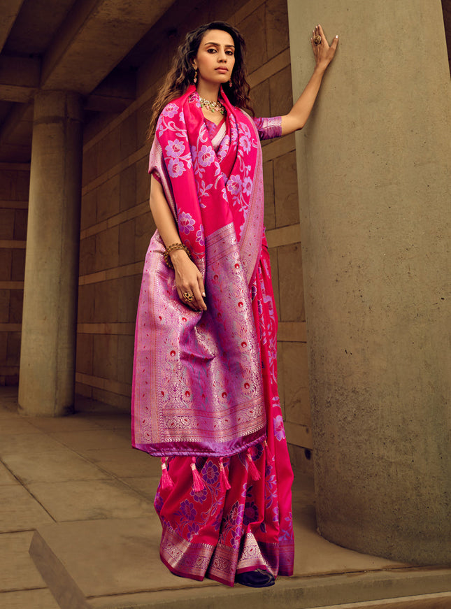 Hot Pink Satin Brasso Zari Woven Saree