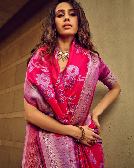 Hot Pink Satin Brasso Zari Woven Saree