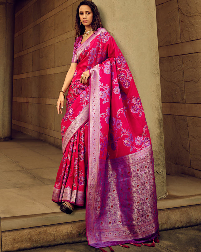 Hot Pink Satin Brasso Zari Woven Saree