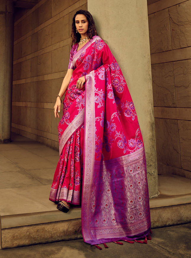 Hot Pink Satin Brasso Zari Woven Saree