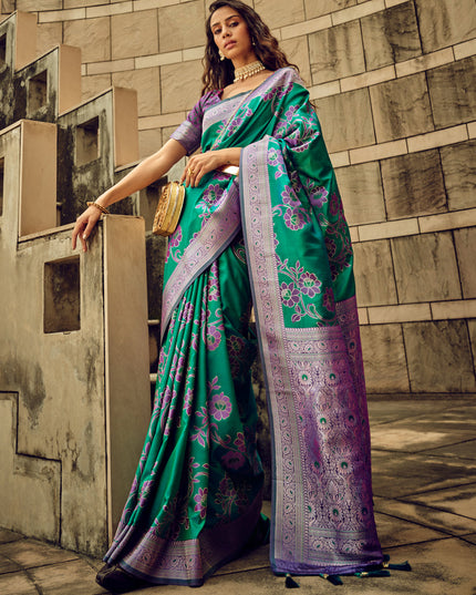 Rama Green Satin Brasso Zari Woven Saree